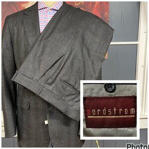 Vintage Nordstrom Suit Mens 43L Long Pants 37-Unhemmed Wool Gray/Blue Plaid